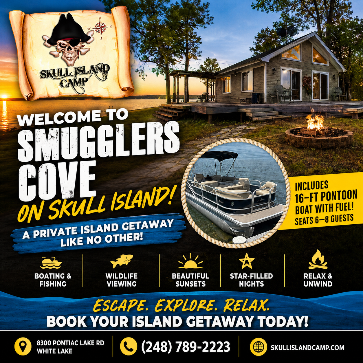 Skull Island Camp 8300 Pontiac Lake Rd, White Lake (248) 789-2223  www.skullislandcamp.com Welcome to Smugglers Cove on Skull Island!  Experience a one-of-a-kind island getaway accessible only by boat. After parking in the gated lot, you'll transport your belongings to the dock and travel to the island using your own boat or the included 16-foot pontoon boat, which seats up to 6–8 guests and comes with fuel for the weekend.  Nestled among the trees, Smugglers Cove offers beautiful Pontiac Lake views, peaceful surroundings, stunning sunsets, and star-filled nights. The fully stocked cottage comfortably sleeps multiple guests and includes all the essentials for a relaxing stay.  Enjoy fishing, boating, wildlife watching, and relaxing on the dock or deck. Whether you're seeking adventure or a peaceful getaway, Smugglers Cove delivers a unique island retreat just minutes from Metro Detroit.