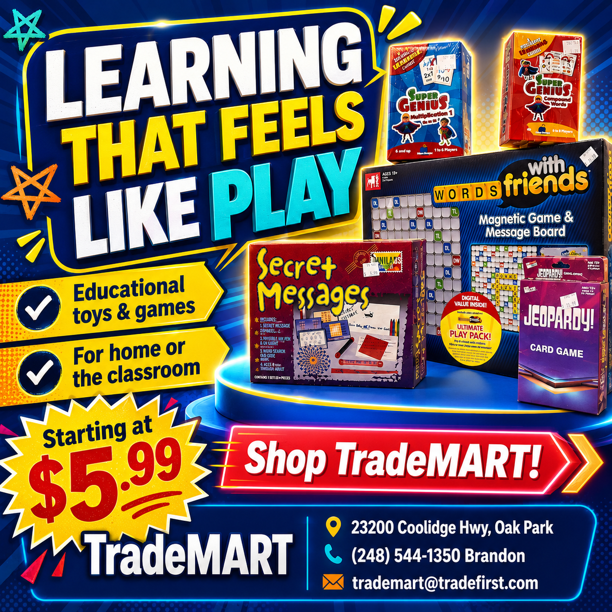 Shop TradeMART for back-to-school supplies, facial tissues and educational games! Call Brandon, 248-544-1350 TradeMART in Oak Park